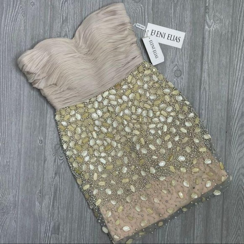 Nwt Eleni Elias beaded stone gold glitter strapless formal prom night out dress